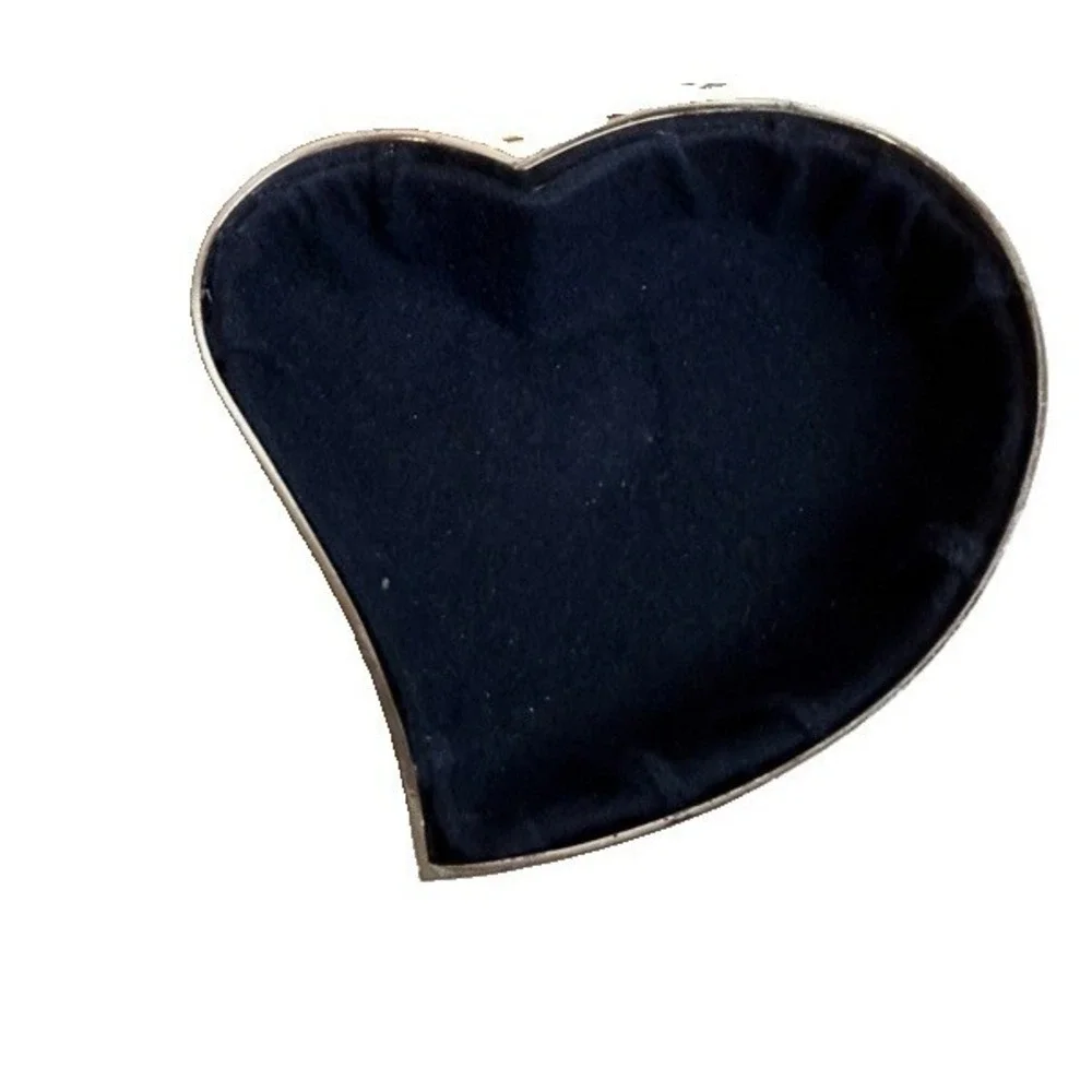 Vintage Polished Silver tone Mid Century Heart Trinket Box Black Velvet Lining